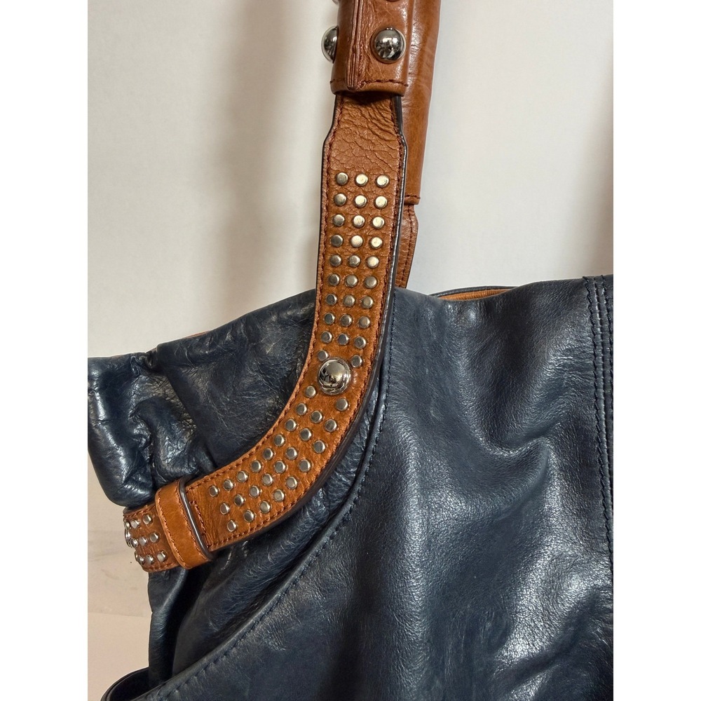 Boho Indie Grunge Navy Blue Leather Studded Hobo Shoulder Bag Large Oversized - Picture 4 of 16